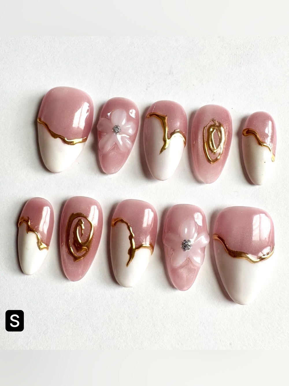 Pink & White 3D Floral Gold Accent Press-On Nails